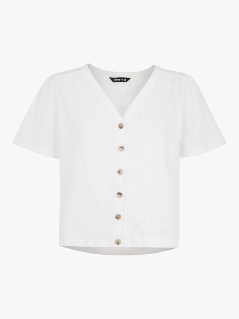 Whistles Maeve White Cotton V-Neck Button Tee, Size XS